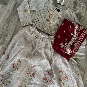 Gray Lengha w/ Red Dupatta Set